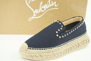 Christian Louboutin Espaboat Navy Canvas Spiked Espadrille Flat SZ 37 NIB